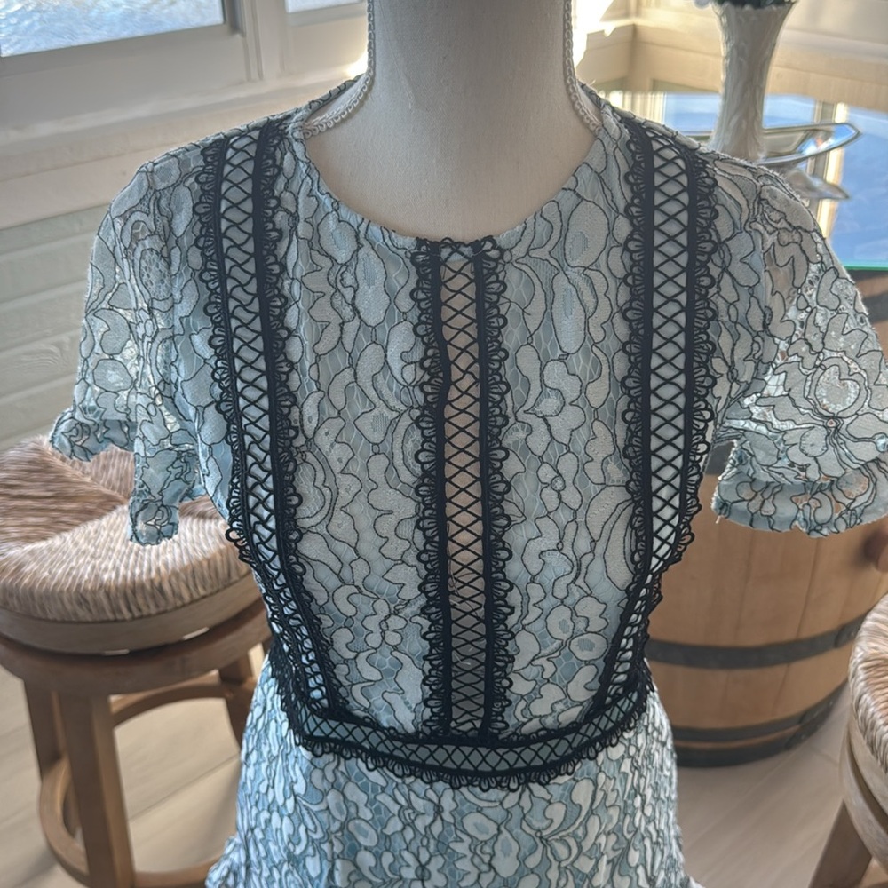 Dusty Blue Lace Ruffle Detail Midi Dress by “pretty little thing” size 6 - Picture 2 of 4